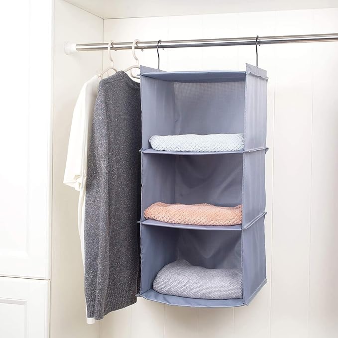 Hanging Closet Organizer 3-Shelf, Oxford Fabric Wardrobe Storage, Gray | Easy-mount foldable design holds clothes, handbags, shoes & accessories; washable Oxford fabric, sturdy and space-saving. - Image 8