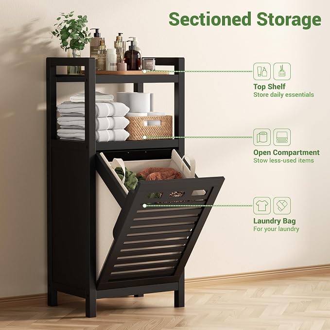 Homykic Tilt Out Laundry Hamper Cabinet, 10 Gal Bamboo Laundry Organizer - Image 6