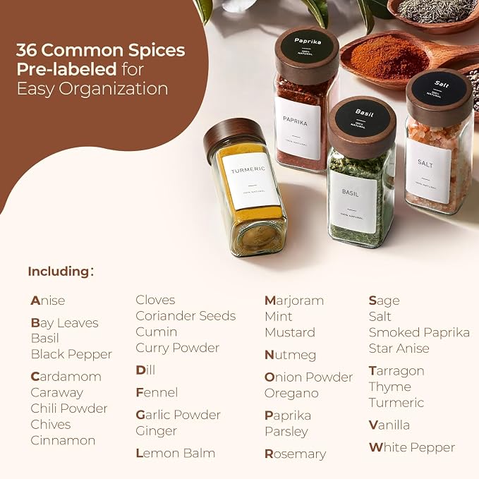 ComSaf Glass Spice Storage Jars with Acacia Wood Lids & Labels 4Oz 24Pack - Image 8
