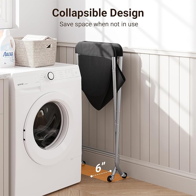 ELYKEN Laundry Basket with Wheels, Collapsible Laundry Hamper, Black - Image 5