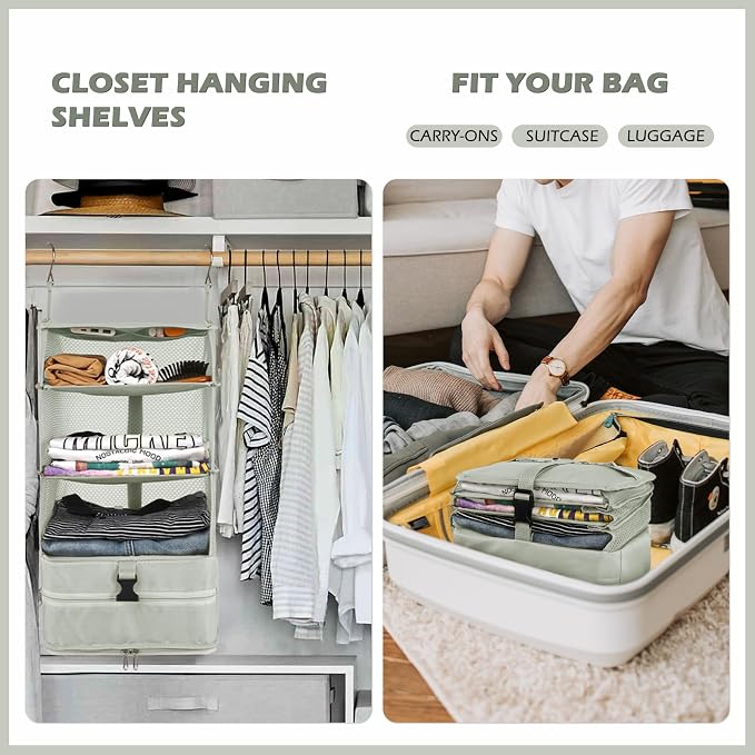 Surblue Hanging Closet Storage Bag Collapsible 3-Shelf Washable Oxford Fabric with 2 Hooks (L 11.41 * 11.41 * 19.68in, Light Gray) - Image 3