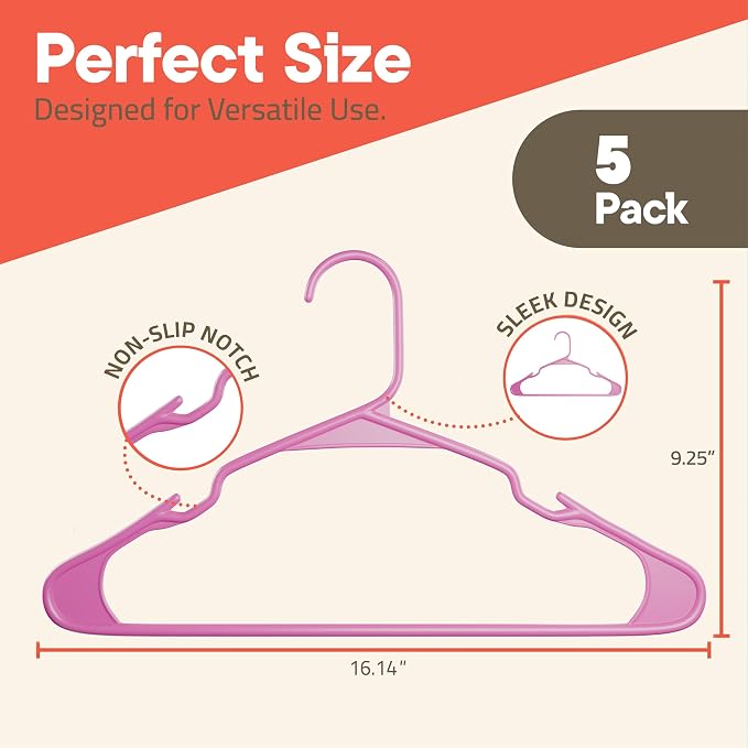 Pink Plastic Hangers 5 Pack– Heavy-Duty Plastic Hangers Slim and Space-Saving, Durable and Lightweight PP with Non-Slip Shoulder Notches for Slip Dresses, Suits, Jackets & Camisoles - Image 2