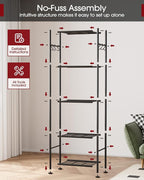 Sakugi 5-Tier Storage Rack Organizer with Hooks, Heavy Duty Metal Garage Rack with Leveling Feet, Freestanding Utility Rack for Bedroom, Balcony and Garage, 18.1"×12.4"×56.8", Black - Image 9