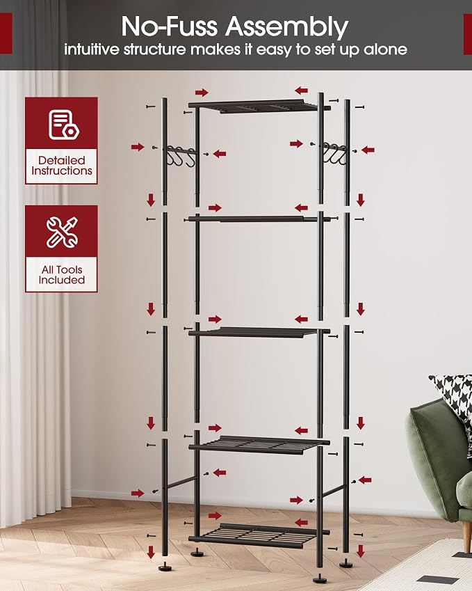 Sakugi 5-Tier Storage Rack Organizer with Hooks, Heavy Duty Metal Garage Rack with Leveling Feet, Freestanding Utility Rack for Bedroom, Balcony and Garage, 18.1"×12.4"×56.8", Black - Image 9