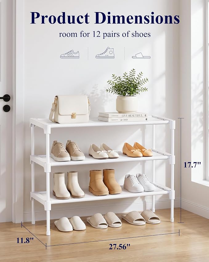 Kitsure Shoe Rack - Non-Woven Shoe Rack Shelf, Shoe Organizer for Closet, Entryway, Garage & Corridor, Stackable Shoe Shelves, 27.5" Wide - 3 Tier, White | Shoe Organizer for Closet, Entryway, Garage, Stackable Shoe Shelves, college dorm&apartment esse... - Image 3
