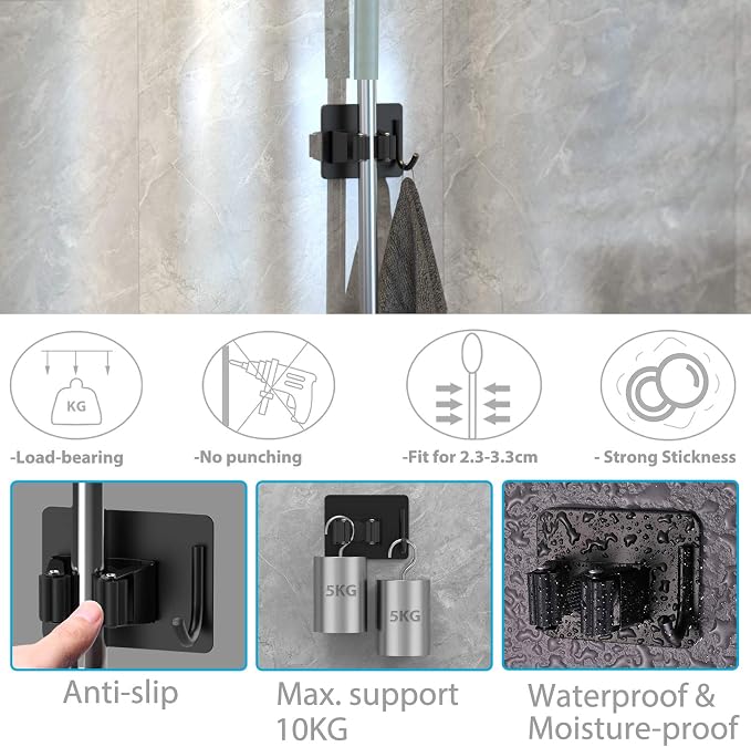homeasy Broom Holder Wall Mount 6Pcs, Self Adhesive Mop Broom Hanger Black - Image 3