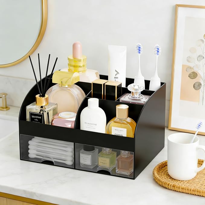 Makeup Organizer with 2 Drawers, Cosmetic Storage for Dresser Vanity and Bathroom Countertop,Make up organization and Skincare Storage with Beauty Brush Holder, Cosmetic Display Case 2Pcs Black - Image 4