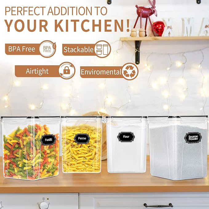 PRAKI Large Airtight Food Storage Containers 5.2L / 195oz, 4pcs Pantry Kitchen Organizers and Storage for Flour, Sugar, Baking Supplies, BPA Free, Plastic Flour Containers with 20 Labels & Maker - Image 5