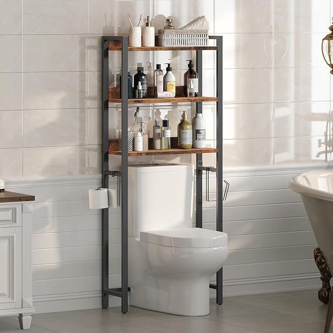MAHANCRIS Over The Toilet Storage Rack, 3 Tier Bathroom Organizer Over Toilet, Freestanding Space Saver Toilet Stand with 2 Hooks, Bathroom Storage Shelf, Easy to Assemble, Rustic Brown TSHR6001 by MAHANCRIS