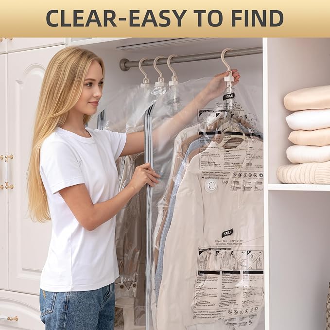Hanging Vacuum Storage Bags, 6 Large Vacuum Pack Bags for Clothes Reusable Space Saver Bags Vacuum Compression Storage Bags for Winter Coats Wardrobe Coats, Suits & Dresses Garment 5-Ring Hangers | Vacuum Bag Clothing Vacuum Bag for Suits, Coats, Jacke... - Image 10