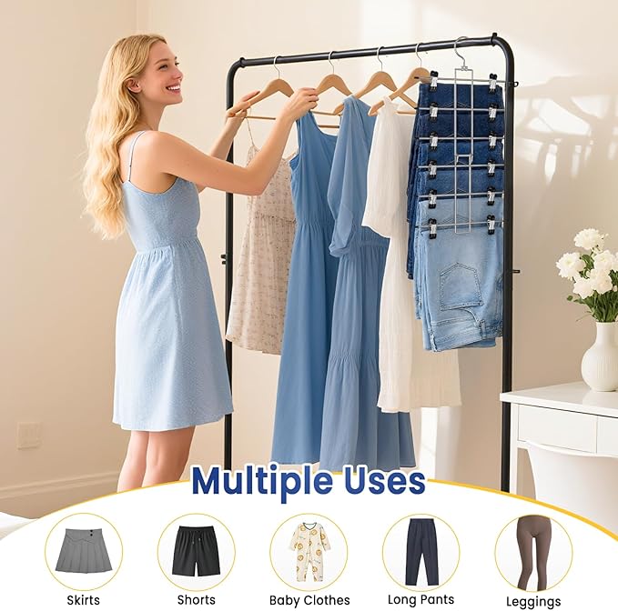 DAMITA Skirt Pants Hangers with Clips Space Saving Hanging Closet Organizer 6 Tiers Hanger with 360° Swivel Hook, Finger-Safe Design- College Dorm Room Apartment Essentials 4-Pack - Image 7