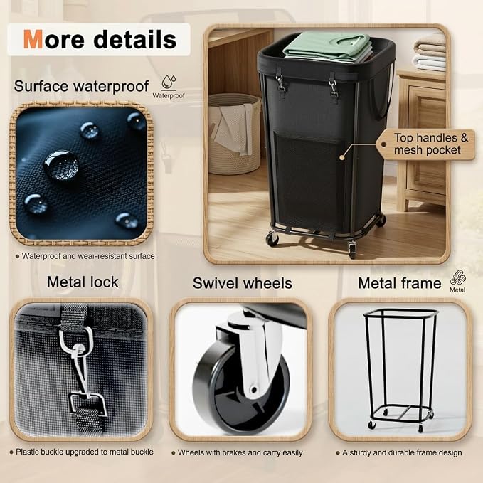 Homedepal 160L Rolling Laundry Basket with Wheels & Removable Bag - Easy‑Move Hamper for Bathroom and Laundry Room (160L Black) - Image 5