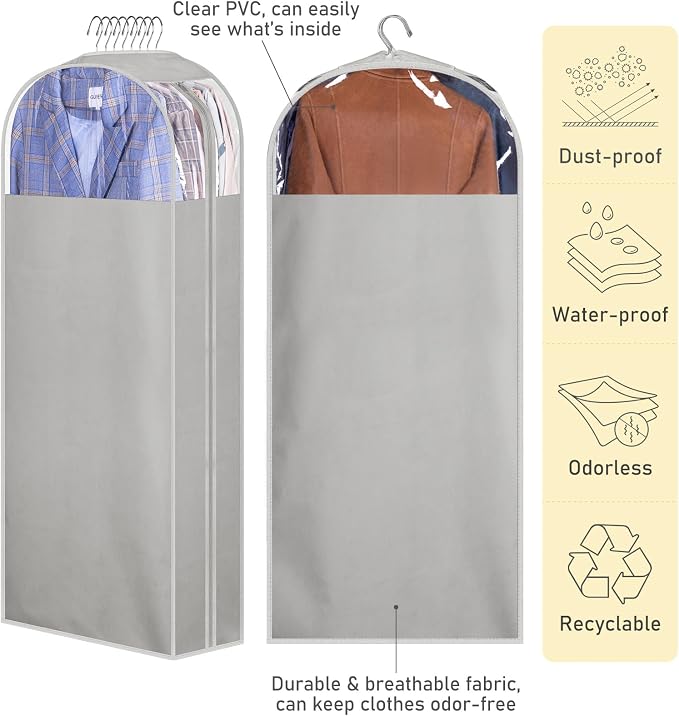MISSLO 10" Gusseted Garment Bags for Hanging Clothes 40"+50" Clear Suit Bags for Closet Storage Dress Bag for Gowns Long Coat Protector, 3 Packs, Grey - Image 5