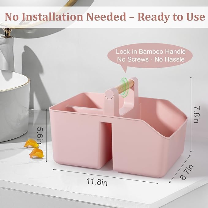 rejomiik Plastic Shower Caddy, Portable Basket with Bamboo Handle, Pink - Image 4