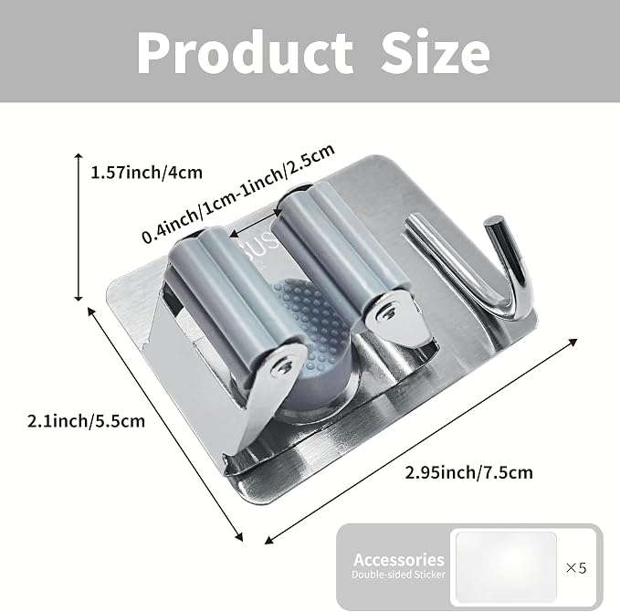 5 Pack Broom and Mop Organizer Wall Hanging, Adhesive Broom Holder, Silver - Image 2