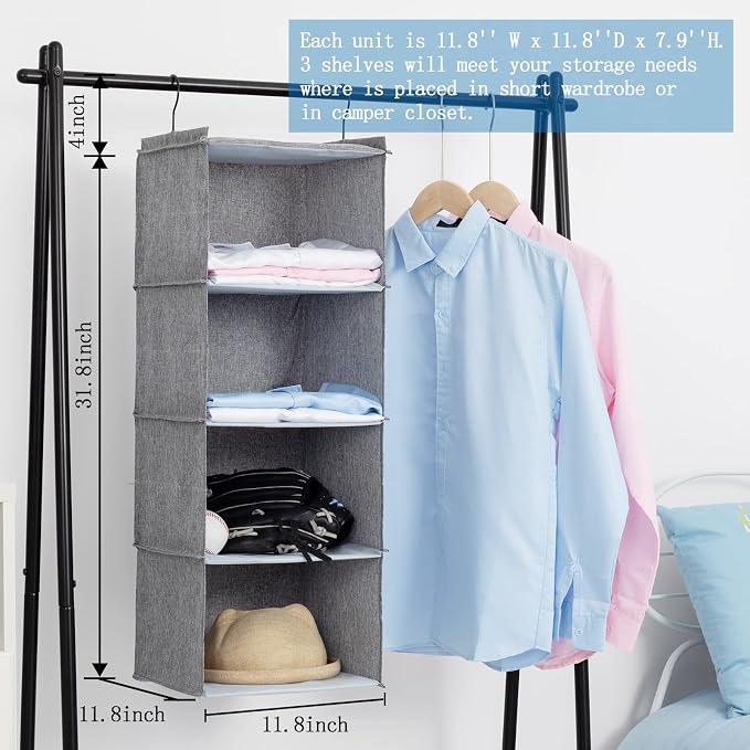Hanging Closet Organizer 4-Shelf, Oxford Linen Wardrobe Storage, Gray | Easy-mount foldable design holds clothes, handbags, shoes & accessories; washable Oxford fabric, sturdy and space-saving. - Image 3