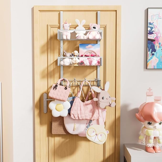 Consumest Over The Door Hooks Organizer - 3 Tier Door Hanger with 9 Coat Hooks & 2 Mesh Basket, Back Storage Organizer Hanging Towels for Bathroom, Bedroom, Silver - Image 5