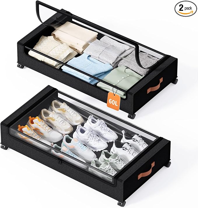 Yecaye 60 L Under Bed Storage with Wheels, 2 Pack Under Bed Storage Containers with Clear Window & Label, Rolling Under bed Shoe Storage organizer for Clothes, Shoes, Black by Yecaye