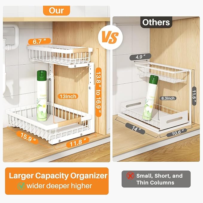 PXRACK Under Sink Organizer, Adjustable Height, 2 Tier Pull Out Under Cabinet Organizer, Slide Out Thickened Metal Under Sink Storage for Kitchen Bathroom Laundry Pantry Cabinet, White, Large-2-Pack - Image 2