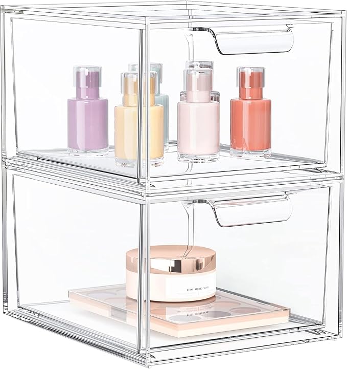 2 Pack Stackable Acrylic Makeup Organizer, Clear Storage Drawers by SpaceHacks