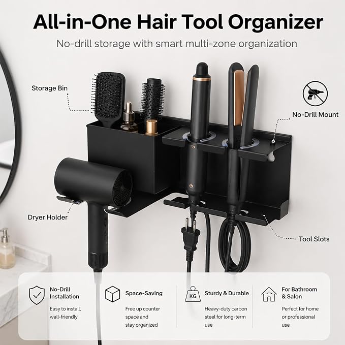 Hair Dryer Holder Wall Mounted, Include Adhesive Strip and Screw Mounting Kits, Hair Tool Organizer Wall Mount for Bathroom, Universal Hair Dryer Holder Rack Storage for Blow Dryer, Curling Iron - Image 3
