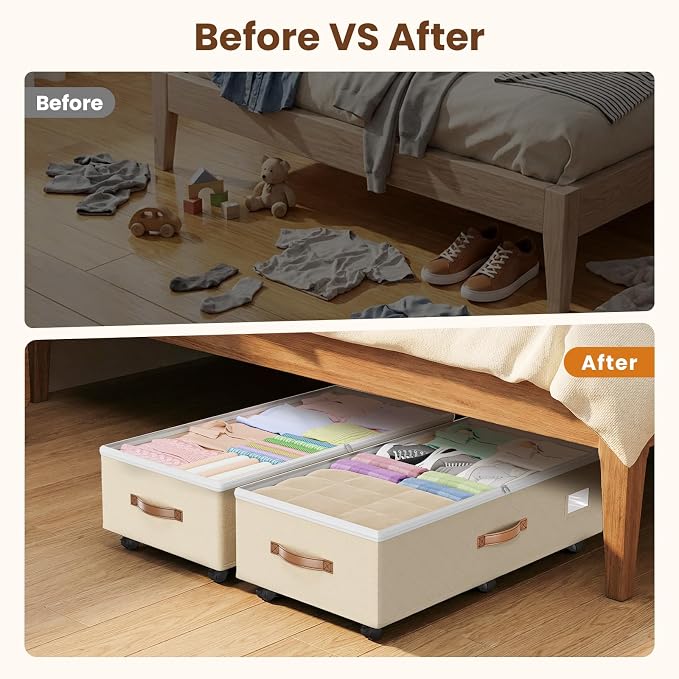 Budding Joy 80L 2 Pack Adjustable Under Bed Storage with Wheels, Beige | Underbed containers with clear lids, rolling underbed shoe storage organizer for dorm clothes, blankets, easy to install - Image 8