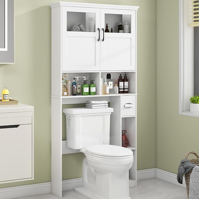 Vabches Over The Toilet Storage Cabinet with Doors & Paper Holder, White by Vabches