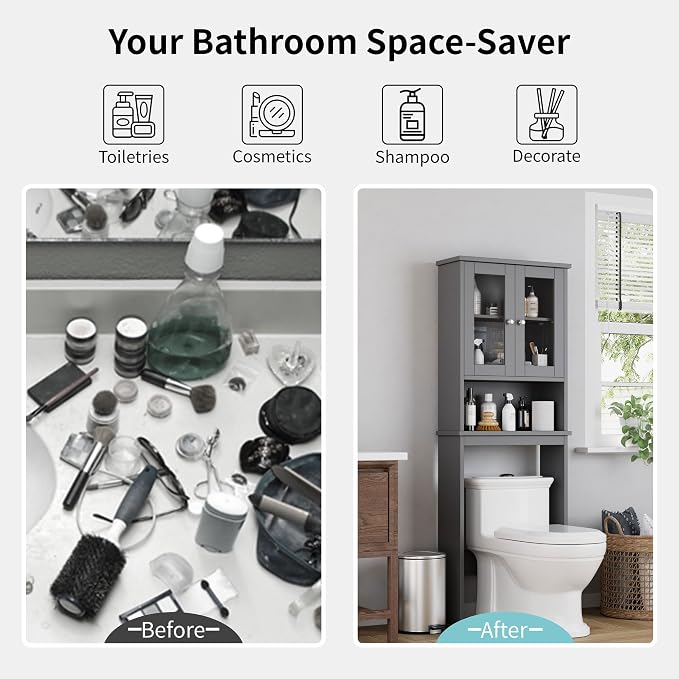 Shintenchi Over the Toilet Storage Cabinet, Bathroom Shelf Organizer with Anti-Tip Device Small Freestanding Space Saver with Adjustable Shelf and Glass Door, Gray - Image 6