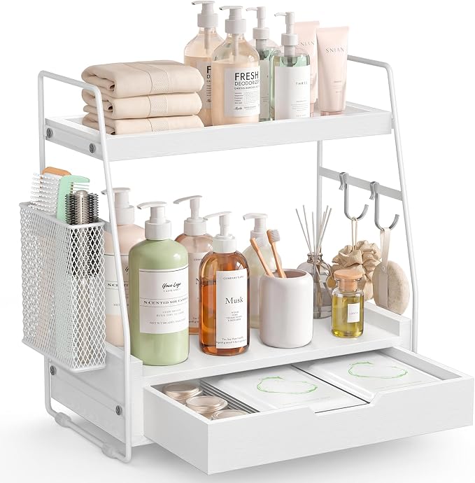 2-Tier Bathroom Counter Organizer with Drawer, Wood Counter Storage Shelf by Unknown