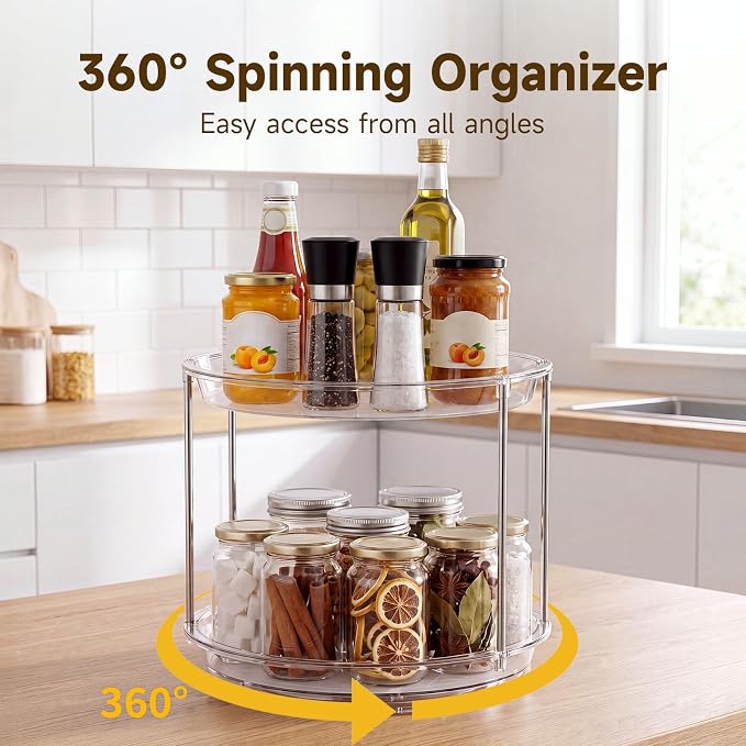 2 Tier Non-Skid Lazy Susan Turntable Organizer, 9" Rotating Spice Rack - Image 3