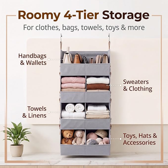 4 Tier Collapsible Hanging Closet Organizer with Hooks Zipper - Image 7