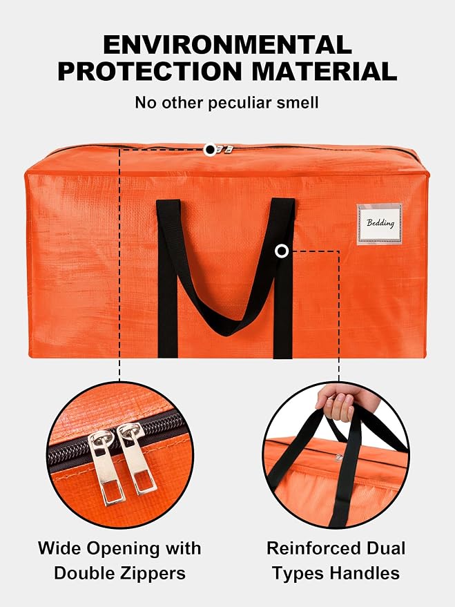 HOMESURE Supports 200lbs Heavy Duty Moving Bags - Strong Zipper & Wrap-Around Handles - Water-Resistant Storage Totes, Durable Alternative to Moving Boxes - 8 Pack - Orange - Image 7