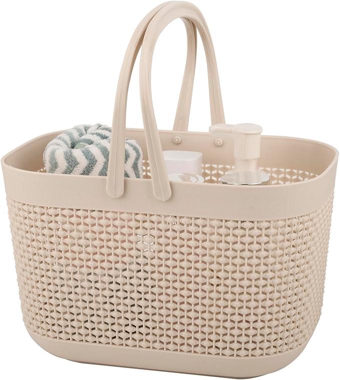 Plastic Portable Shower Caddy Basket, Storage Organizer with Handle, Beige by UUJOLY