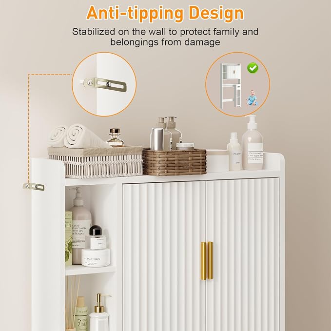 knoworld Fluted Over The Toilet Storage Cabinet, Above Toilet Bathroom Organizer with Toilet Paper Holder, Modern Behind Toilet Cabinet, Space Saver for Restroom, Bathroom, Laundry, White - Image 6