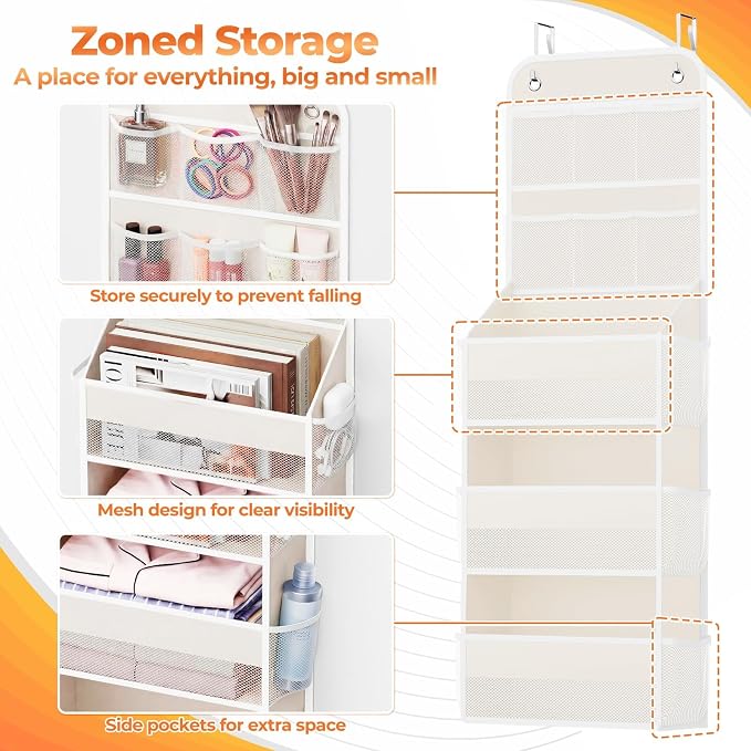 SpaceHacks 5-Tier Over the Door Organizer with Mesh Pockets, Baby Nursery Storage for Closet, Bathroom and Bedroom, Adjustable Hanging Closet Organizer for Cosmetics, Books and Essentials (Beige) - Image 3