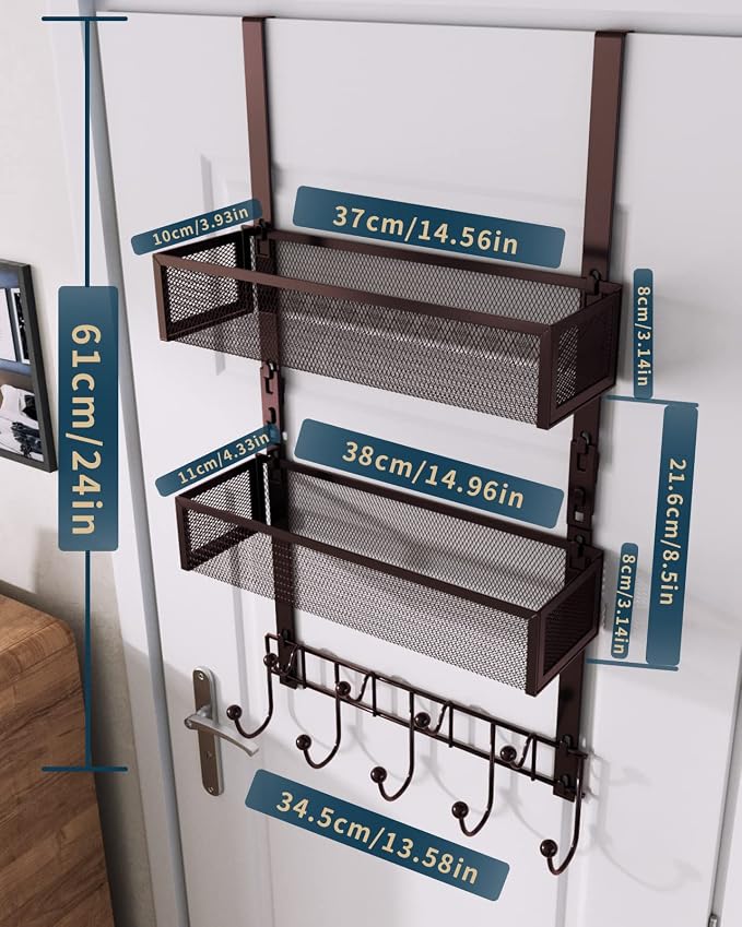 Consumest Over The Door Hooks Organizer - 3 Tier Door Hanger with 9 Coat Hooks & 2 Mesh Basket, Back Storage Organizer Hanging Towels for Bathroom, Bedroom, Bronze - Image 7