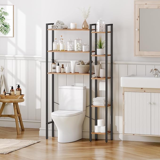 HOOBRO Over The Toilet Storage, 8-Tier Bathroom Organizer Over Toilet Shelf, Storage Rack Above Toilet Stand, Freestanding Space Saver, Toilet Paper Holder, Rustic Brown and Black BF86TS01 - Image 2