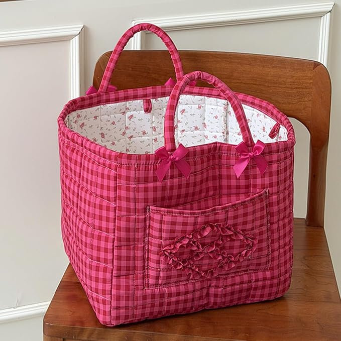 Storage Basket Boho Fabric Large Collapsible Floral Laundry Nursery Hamper Portable Folding Storage for Clothes Toys (Rose Red Plaid) - Image 3
