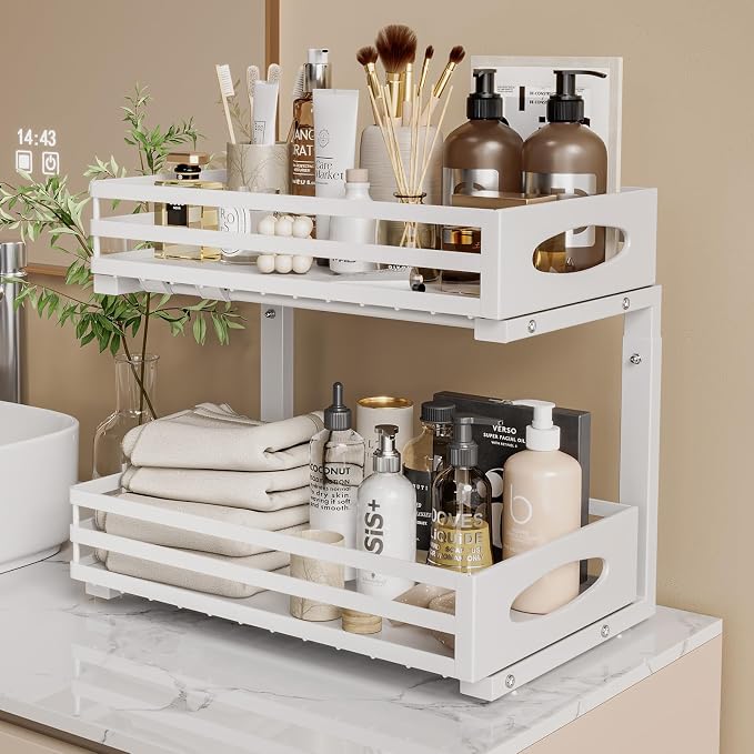 Under Sink Organizer, 2 Tier Under Sink Organizers and Storage, Adjustable Height, Slide out Metal Cabinet Organizers, Pull out Cabinet Storage Drawer Shelf for Kitchen Bathroom (White, 2 Pack) - Image 8