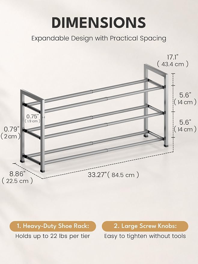 Bumusty 3 Tier Expandable Shoe Rack for Closet, Light Grey | 18"-33" Adjustable Shoe Rack for Entryway, Small Shoe Organizer for Dorm, Front Door, Sturdy Metal - Image 2