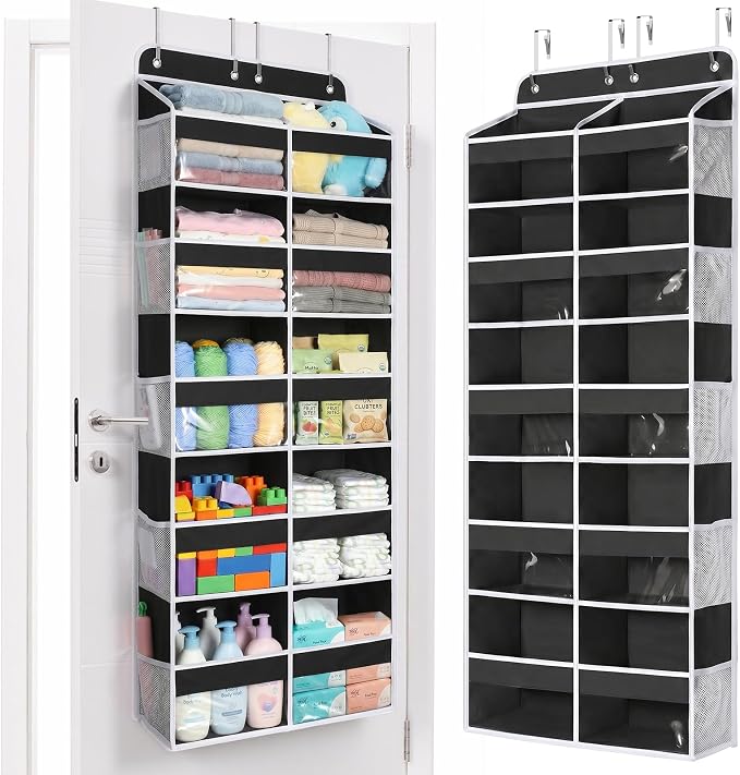Yecaye 5 Tier Over The Door Organizer, Door Organizer with 10 Compartments | 20" W, Extra Large Behind Door Storage With 10 Side Pockets, 80lbs Heavy Duty, Clear Window, for Closet Bedroom Pantry, Black by Yecaye