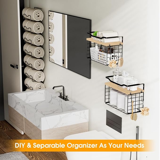 Towel Racks for Bathroom,Towel Rack Wall Mounted, 6 Tier Rolled Or Folded Towel Holder with Floating Shelves, Bathroom Towel Holder for Bath, Hand Towels,Metal,Walnut Wood Panel - Image 6