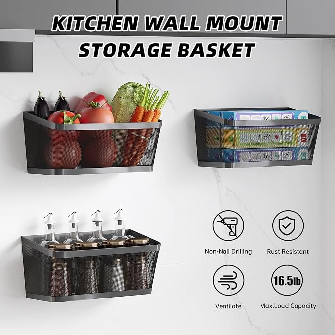 3 Pack Hanging Wall Storage Baskets, Heavy Duty Metal Wire Baskets - Image 2