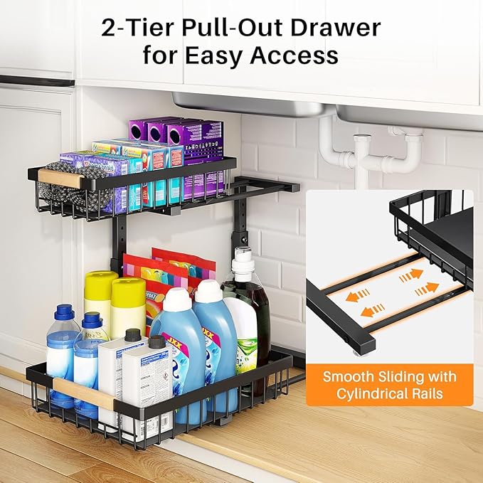 PXRACK Under Sink Organizer, Adjustable Height, 2 Tier Pull Out Under Cabinet Organizer, Slide Out Thickened Metal Under Sink Storage for Kitchen Bathroom Laundry Pantry Cabinet, Black, Large-2-Pack - Image 3