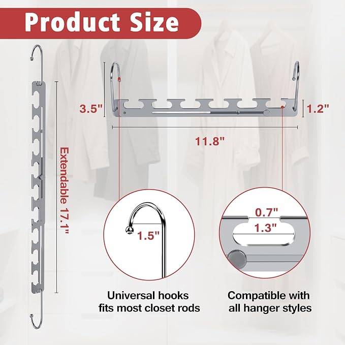 8 Pack Space Saving Hangers for Clothes, 6 to 9 Holes Expandable Heavy Duty Metal Hangers 80 Lbs Capacity, Magic Smart Hanger Closet Space Saver, Closet Organizers and Storage - Image 7