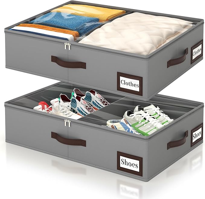 OIAHOMY 2 Pack 38L Under Bed Storage with Adjustable Dividers, 6" Low Profile Underbed Storage Bins for Comforters & Clothes, Save Closet Space with Clear View Lid & Reinforced Handles, Grey by MasterofSpaceOptimization