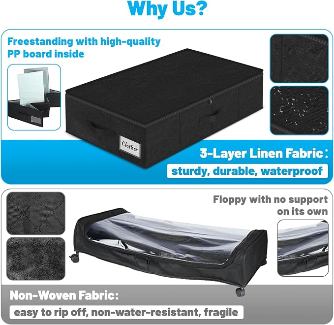 Under Bed Storage Container Bins 4 Pack, 5 Inch Thin Low Profile Underbed Clothes Storage Organizer for Dorm & Home, Use for Blanket and Toy Storage Box W/ Sturdy Bottom/Sides, Foldable Thick Fabric - Image 8