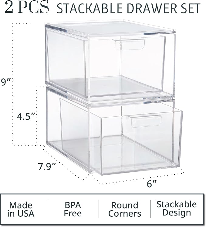 STORi Audrey Stackable Clear Bin Plastic Organizer Drawers | 2 Piece Set | Organize Cosmetics and Beauty Supplies on a Vanity | Made in USA (Pack of 3) - Image 3
