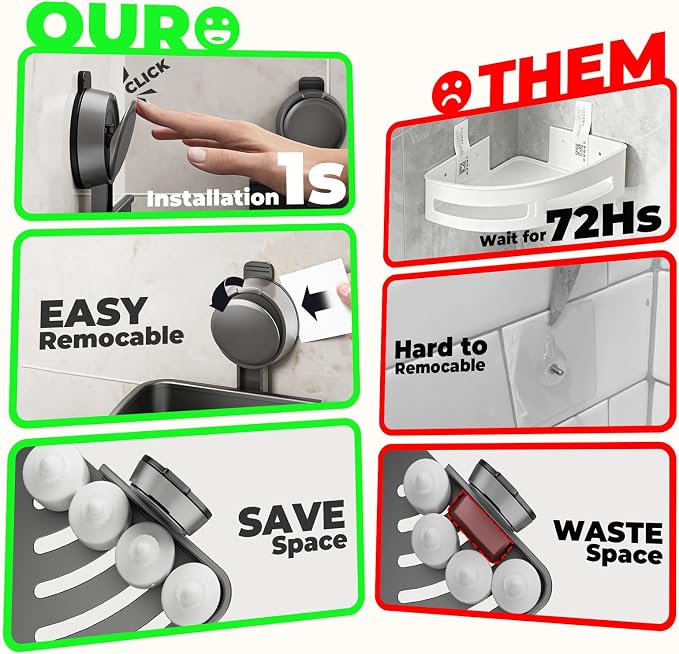 Corner Shower Caddy Suction Cup,Shower Shelves with Hooks,No Drilling Powerful Upgrade Suction Bathroom Corner Organizers and Storage,Removable Waterproof Rustproof Shower Shelf Bathroom Decor(1) - Image 8