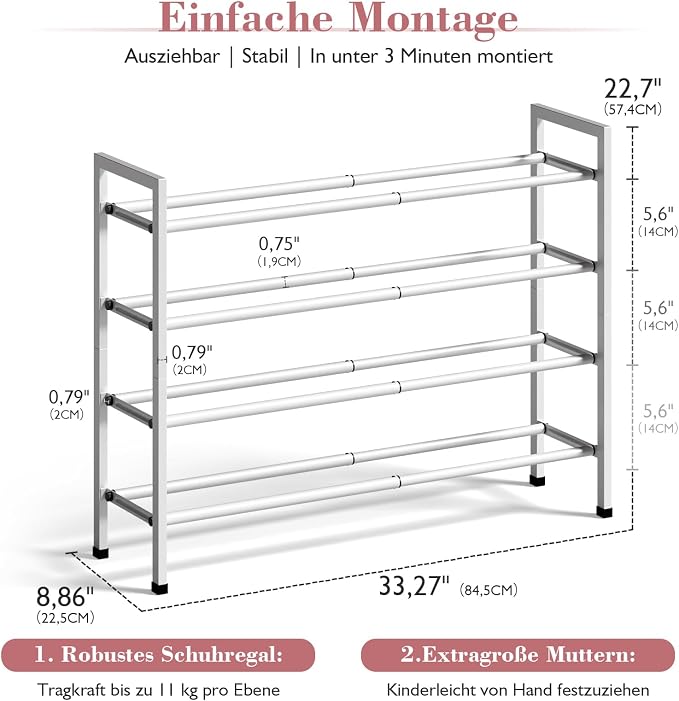 Bumusty 4 Tier Expandable Shoe Rack for Closet, White | 18"-33" Adjustable Shoe Rack for Entryway, Small Shoe Organizer for Dorm, Front Door, Sturdy Metal - Image 3
